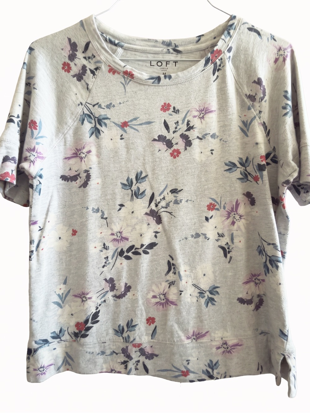 LOFT Light Gray Floral Short Sleeve Sweatshirt with Pink, Blue & Purple Accents